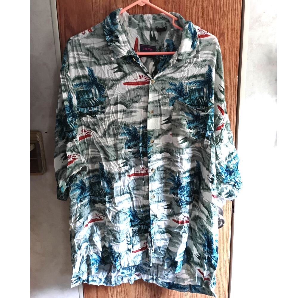 Mens XXL Rayon Tropical Camp Shirt Palm Boat Print Beach Vacation Hawaiian